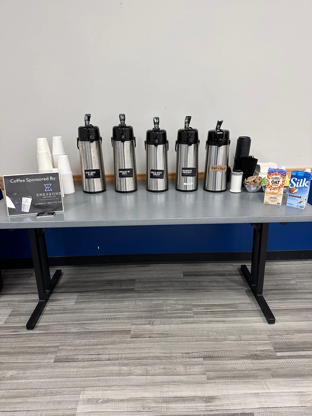 Emerson's Coffee airpot service setup at Highland Recreation Center, Hickory, NC